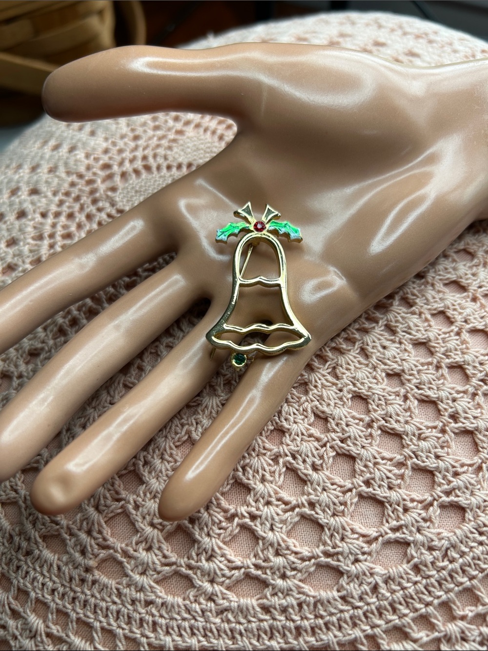 Mark BJ on backholiday Christmas bell brooch roll over clasp vintage gold tone